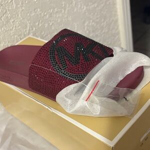 Michael Kors Burgundy Crystal-Embellished Logo Slide